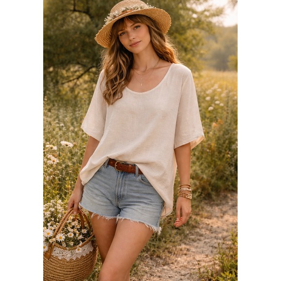 Flax Tops - FLAX Womens 100% Linen Short Sleeve Scoop Neck Boxy Blouse Top Cream Large. O